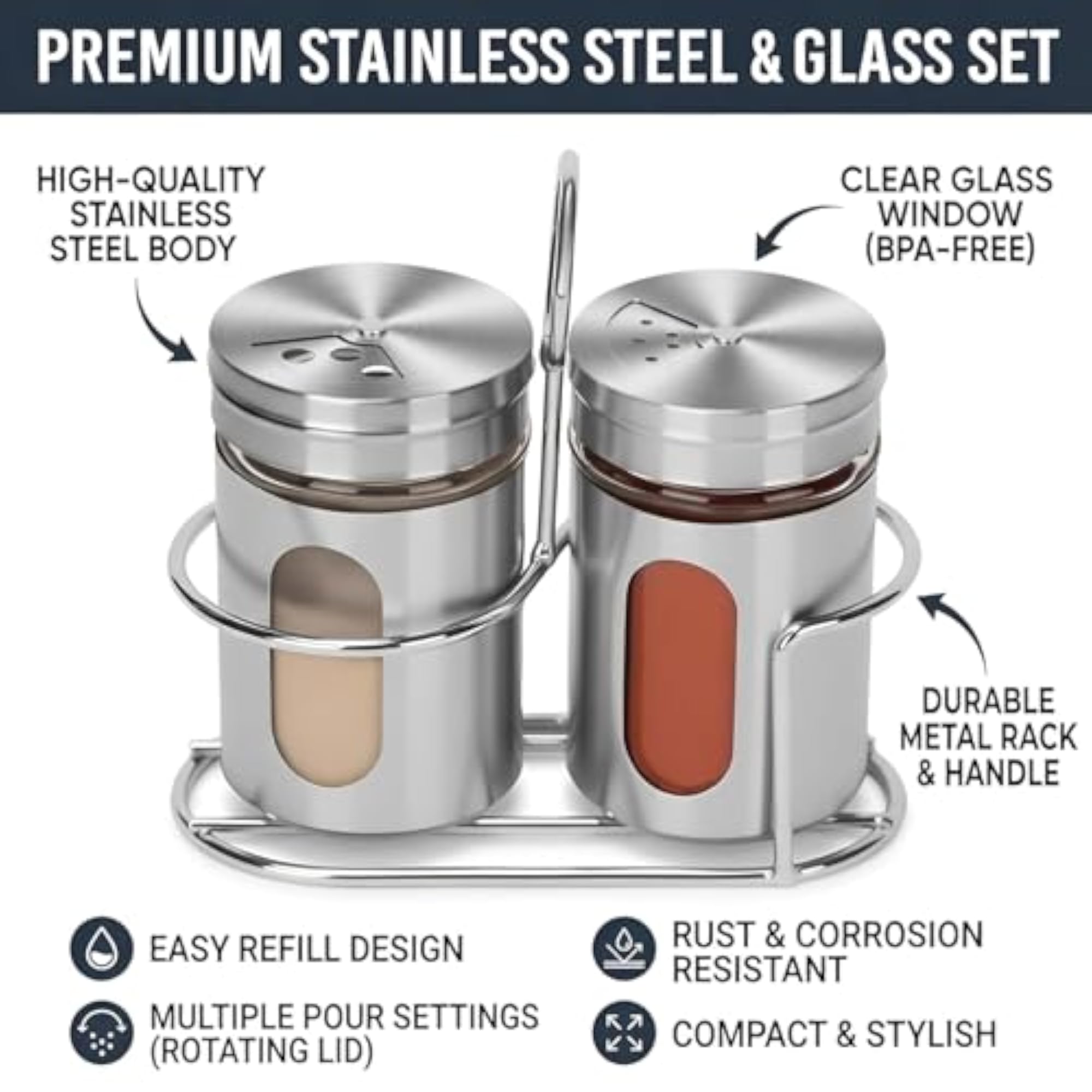 Glass Spice Shaker Jar Set with Stand